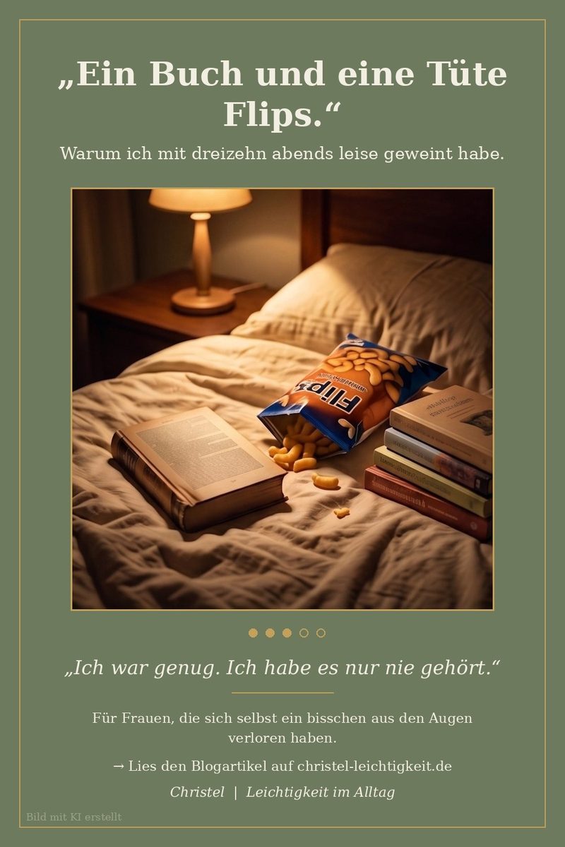 Grünes Bild mit einem aufgeschlagenen Buch, einer Tüte Flips und einer Nachttischlampe auf einem Bett