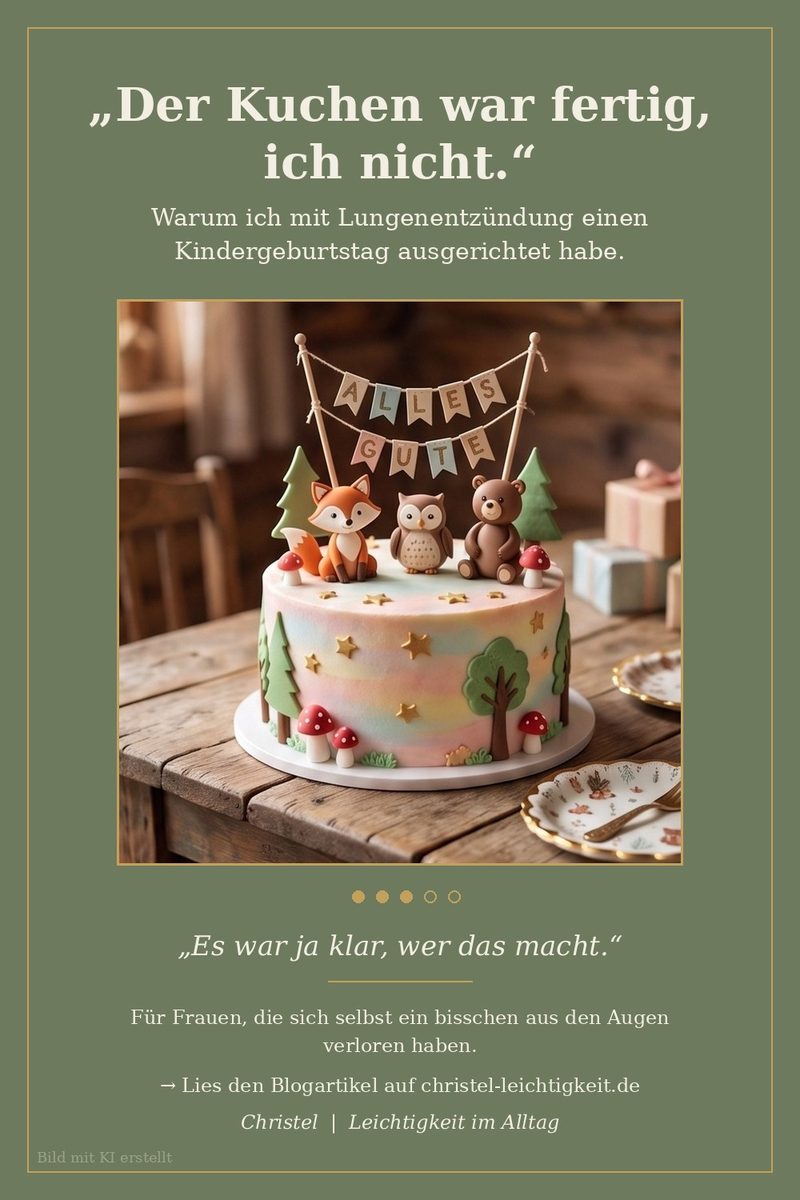 Grünes Bild mit einem selbstgebackenen Geburtstagskuchen auf einem Holztisch