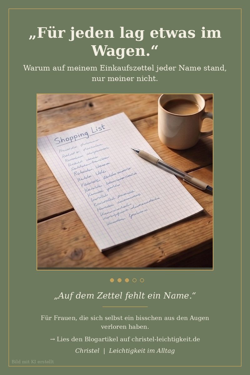 Grünes Bild mit einem handgeschriebenen Einkaufszettel und einer Tasse Kaffee auf einem Holztisch