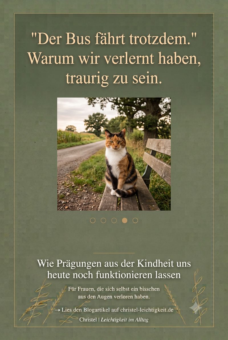 Grünes Bild mit einer Katze auf einer Bank an einem Feldweg
