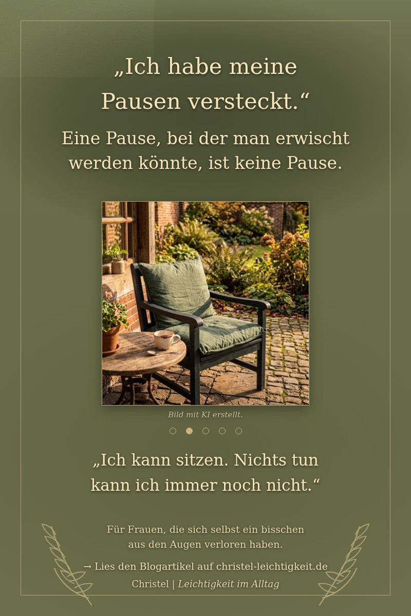 Ein leerer Terrassenstuhl mit grünem Kissen, daneben ein kleiner Tisch mit einer Kaffeetasse