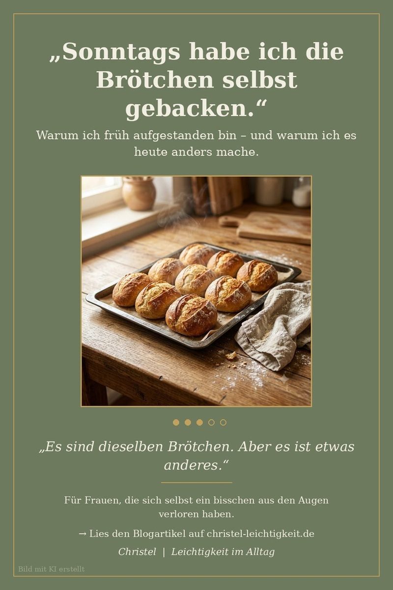 Grünes Bild mit einem Blech frisch gebackener Brötchen auf einem Holztisch am Fenster, daneben ein Küchentuch